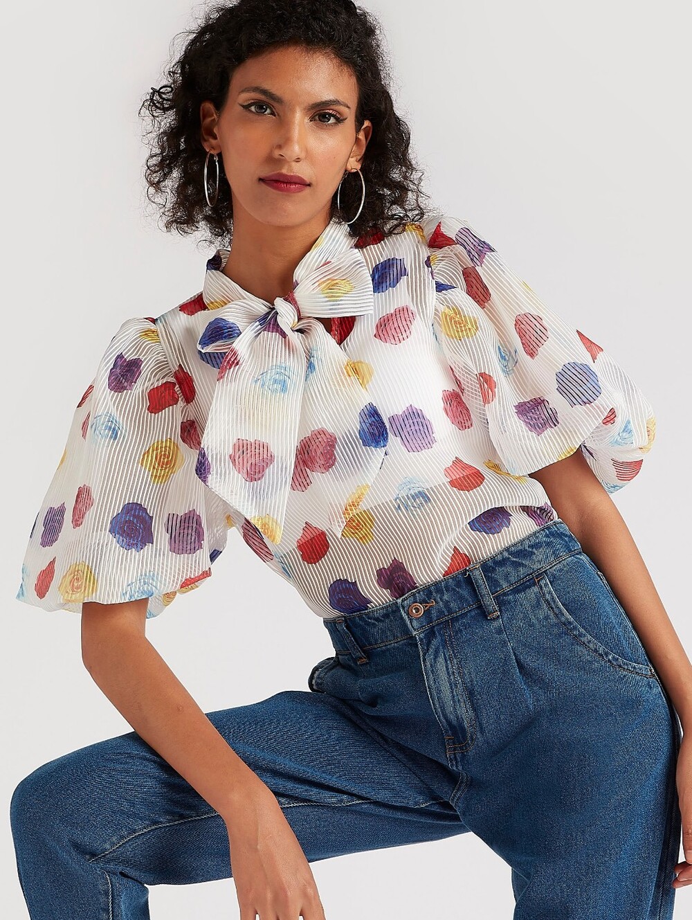 NWOT ** 2Xtremz Printed Tie-Neck Polka Dot Blouse with Short Balloon Sleeves